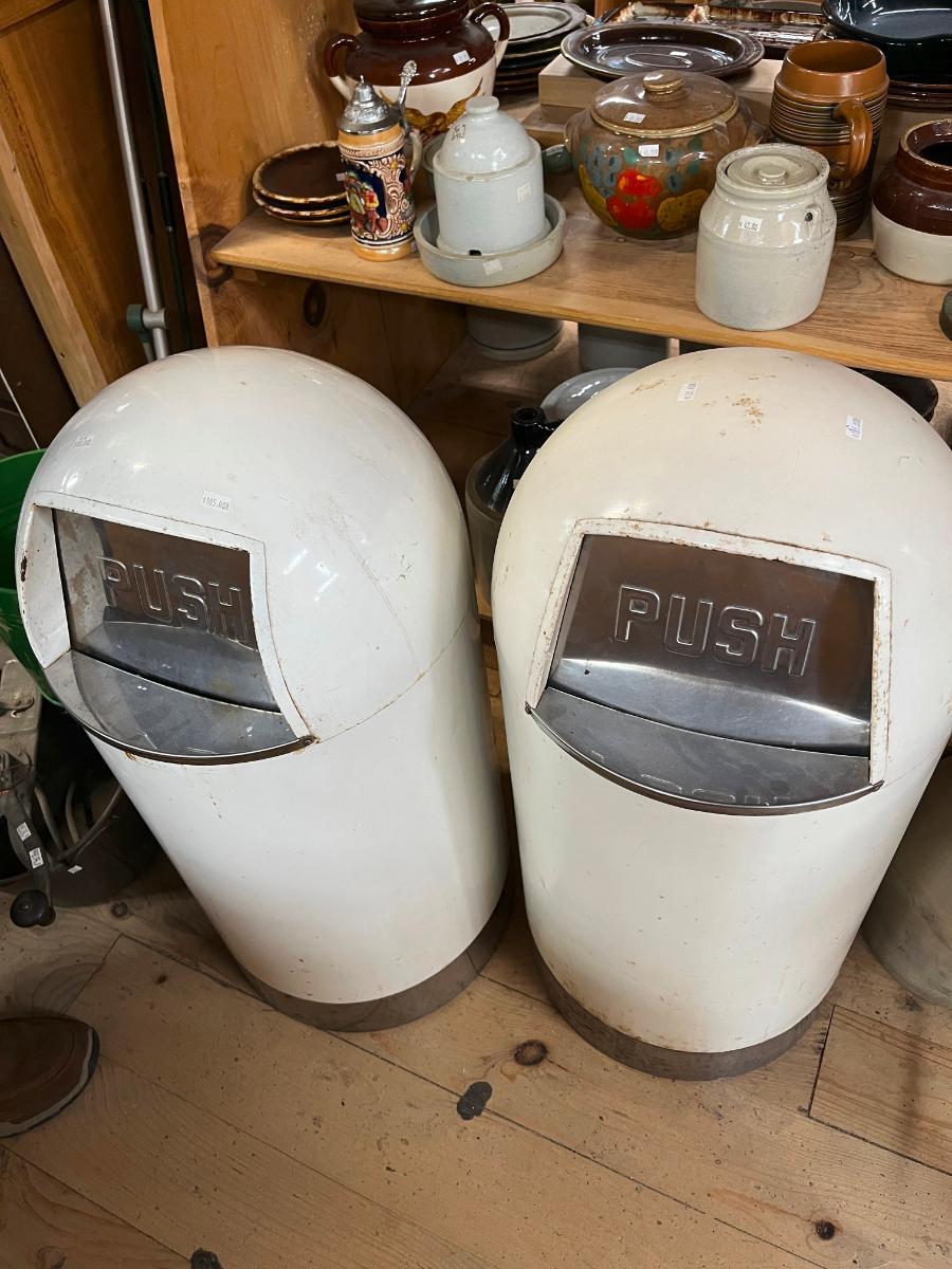 Vintague 1950's Bullet Domed Metal Trash Cans with Push Door