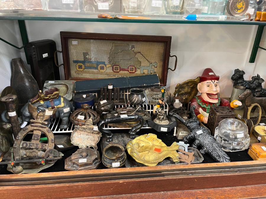 Embroidered Klaxon Advertisement, Bronze Fish Ashtray, Clown Bank, Boot Jack Ink Wells, Cast Iron Elephant Animals