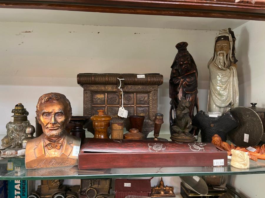 Brass Lincoln Bust, Wood Containers Pen Holder, Mud Man Statue