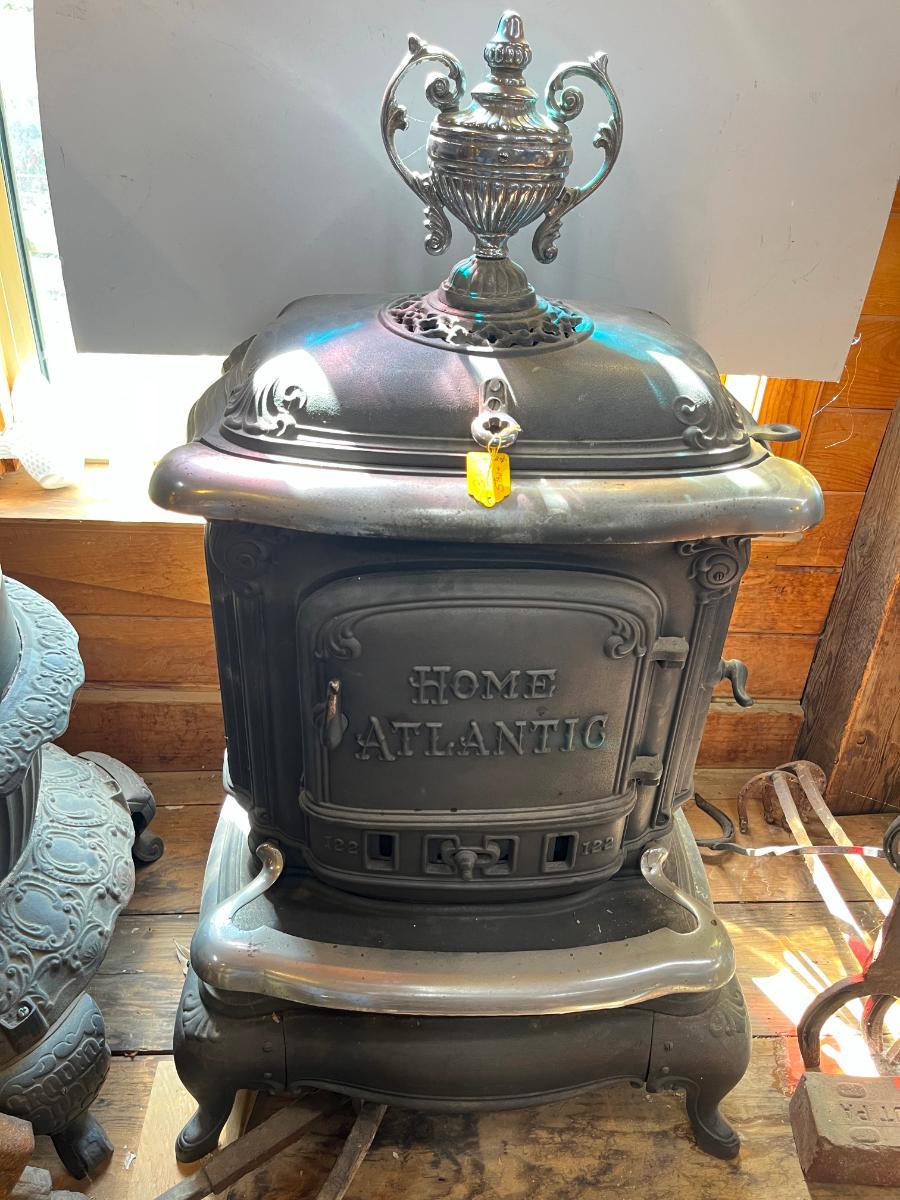 Professionally Restored Home Atlantic Cast Iron Parlor Stove with Chrome Trim and Catalytic Converter
